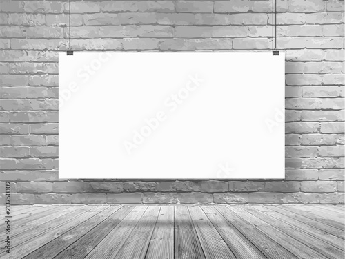 Vector mockup poster banner hanging on white brick wall room, Loft workspace concept