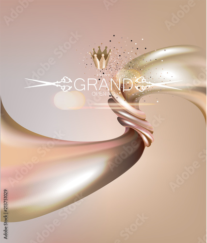 Grand Opening  invitation beige card  with silk fabric. Vector illustration