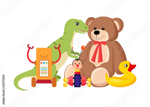 Teddy Bear and Dinosaur Set Vector Illustration