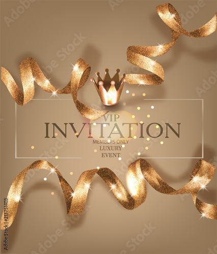 VIP invitation gold card sparkling ribbons and crown. Vector illustration