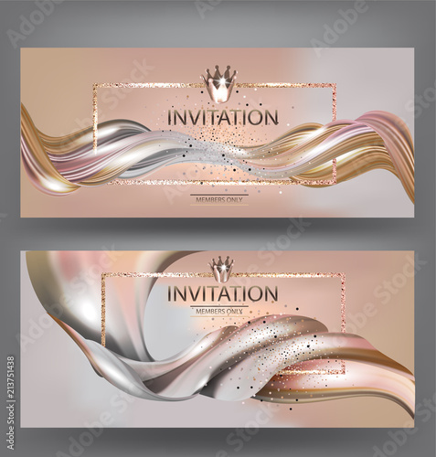 Grand opening beige cards with silk fabric. Vector illustration