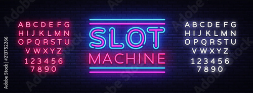 Slot Machine sign vector design template. Slot Machine neon logo, light banner design element colorful modern design trend, night bright advertising, bright sign. Vector. Editing text neon sign