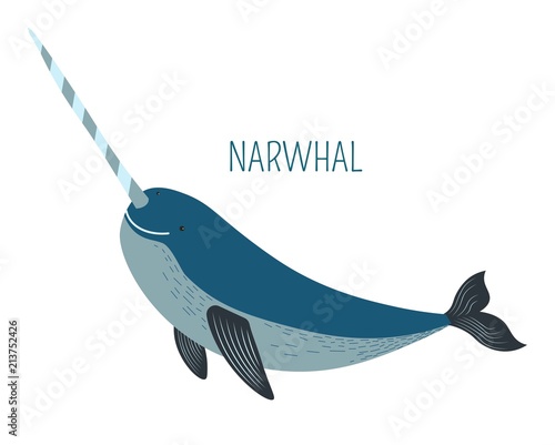Narwhal with sharp horn childish book character