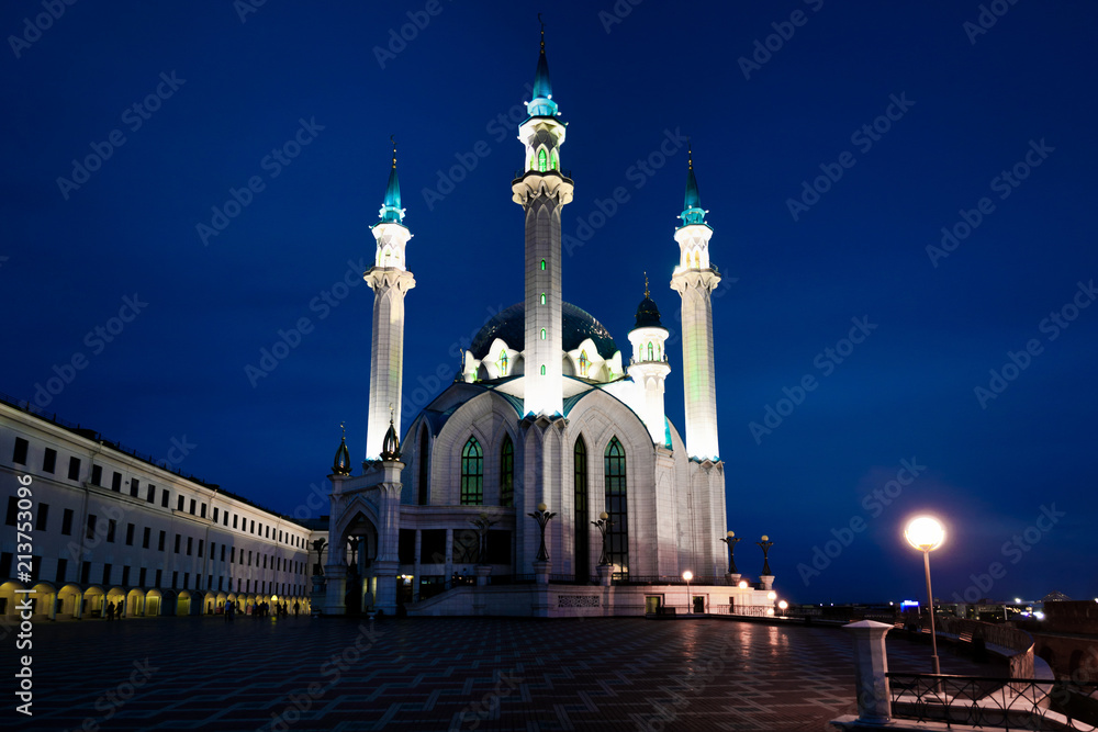 The Kul Sharif Mosque at night.