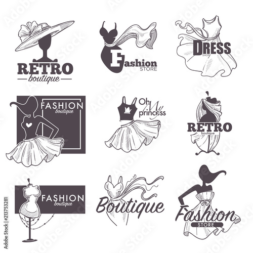 Fashion dress boutique vector sketch retro icons