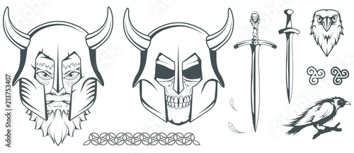 Hades - the ancient Greek god of the underworld of the dead. Greek mythology. Sword of hell and the raven. Olympian gods collection. Hand drawn Man Head. Bearded man. Vector graphics to design