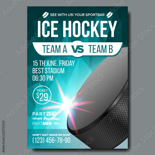 Ice Hockey Poster Vector. Sport Event Announcement. Vertical Banner Advertising. Professional League. Cold. Ice Game. Tournament Event Label Illustration