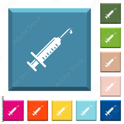 Syringe with drop white icons on edged square buttons
