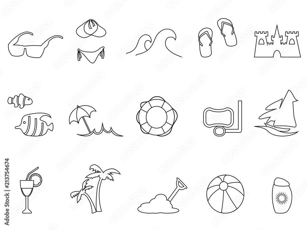 black beach outline icons set