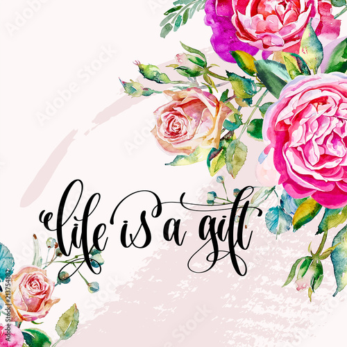 life is a gift - hand lettering text on pink brush stroke backgr