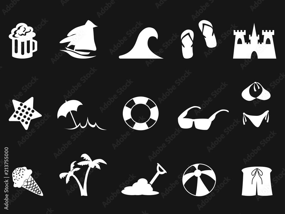 white beach icon set on black background white beach icon set on black background