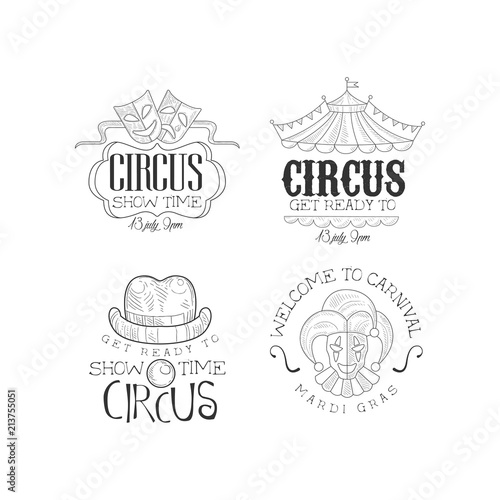Vector set of sketch style emblems for circus and Mardi Gras carnival. Original hand drawn logos for advertising banner, poster or flyer