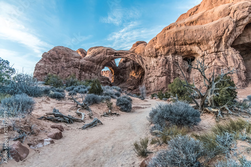 Pathway view of Double Arch in Arches National Park, Moab Utah
