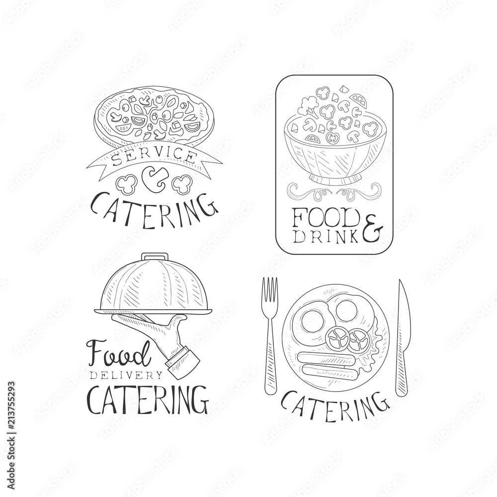 Monochrome vector logos for catering companies. Food service. Emblems with delicious dishes, hand with tray and calligraphic text Monochrome vector logos for catering companies. Food service. Emblems with delicious dishes, hand with tray and calligraphic text