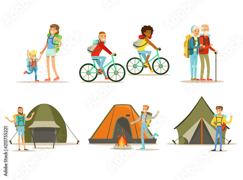 Flat vector set of happy traveling people. Active outdoor activity. Hiking, camping and cycling travel