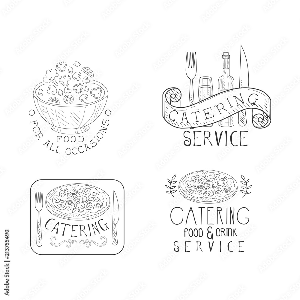 Monochrome insignias for catering companies. Hand drawn vector emblems with salad bowl, wine bottle and glass, pizza and calligraphic text