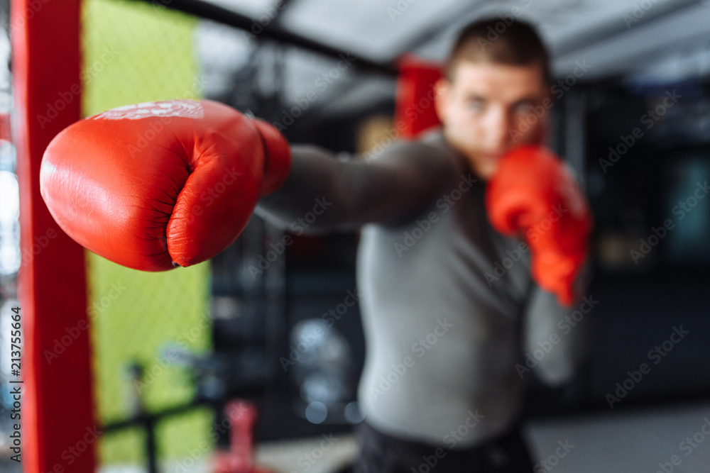 Boxing glove close-up, male boxer engaged in training in the gym, in a cage for a fight without rules