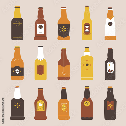 various kind of beer bottle shape flat design style vector graphic illustration set