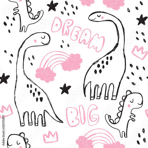Cute brontosaurus and doodles seamless pattern