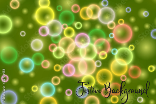 Festive illustration with random, chaotic, scattered colorful bokeh lights on green background.