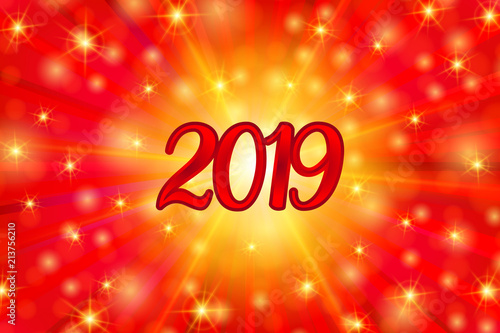 2019 year illustration with rays, bokeh lights on red background.