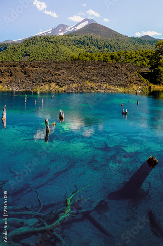 volcano on a turquoise transparent lake background
