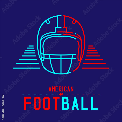 American football helmet with court logo icon outline stroke set dash line design illustration isolated on dark blue background with soccer text and copy space