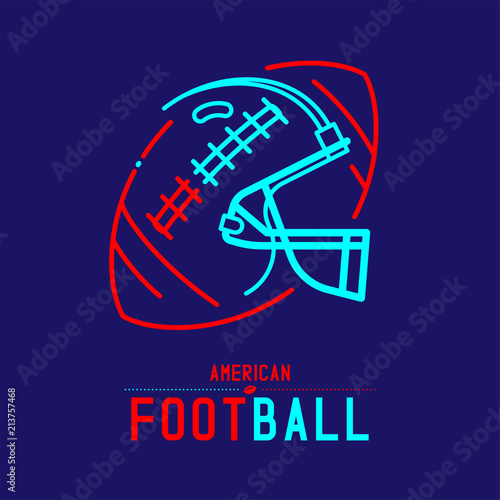 American football helmet with ball logo icon outline stroke set dash line design illustration isolated on dark blue background with soccer text and copy space