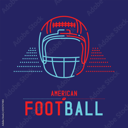 American football helmet with ball and court logo icon outline stroke set dash line design illustration isolated on dark blue background with soccer text and copy space