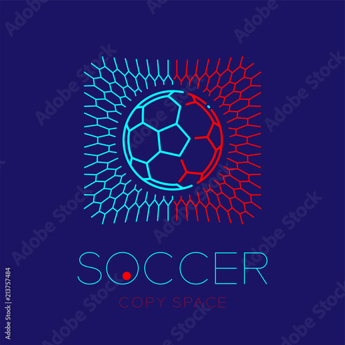 Soccer ball in goal logo icon outline stroke set dash line design illustration isolated on dark blue background with soccer text and copy space