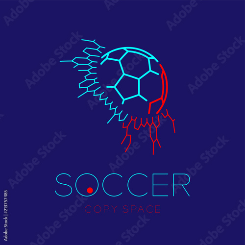 Soccer ball in goal logo icon outline stroke set dash line design illustration isolated on dark blue background with soccer text and copy space