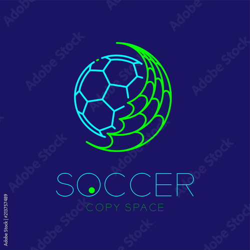 Soccer ball with net logo icon outline stroke set dash line design illustration isolated on dark blue background with soccer text and copy space