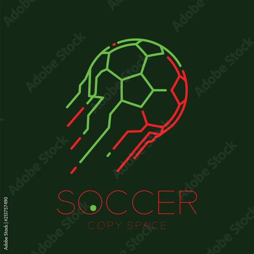 Soccer ball shooting logo icon outline stroke set dash line design illustration isolated on dark green background with soccer text and copy space