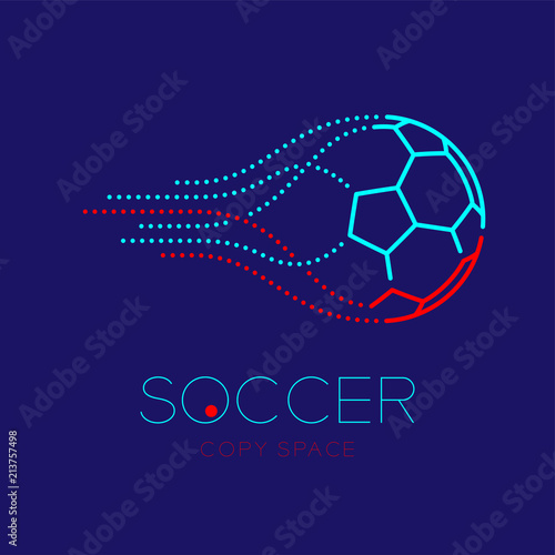 Soccer ball shooting logo icon outline stroke set dash line design illustration isolated on dark blue background with soccer text and copy space