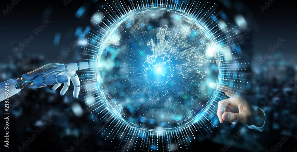 White humanoid hand using globe network hologram with Europe map 3D rendering White humanoid hand using globe network hologram with Europe map 3D rendering