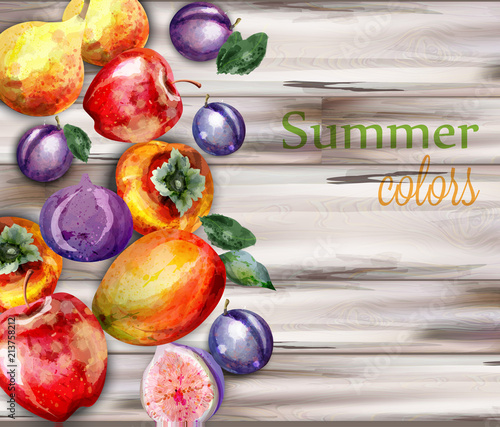 Watercolor fruits on wooden background Vector. Delicious persimmon, plums, fi...