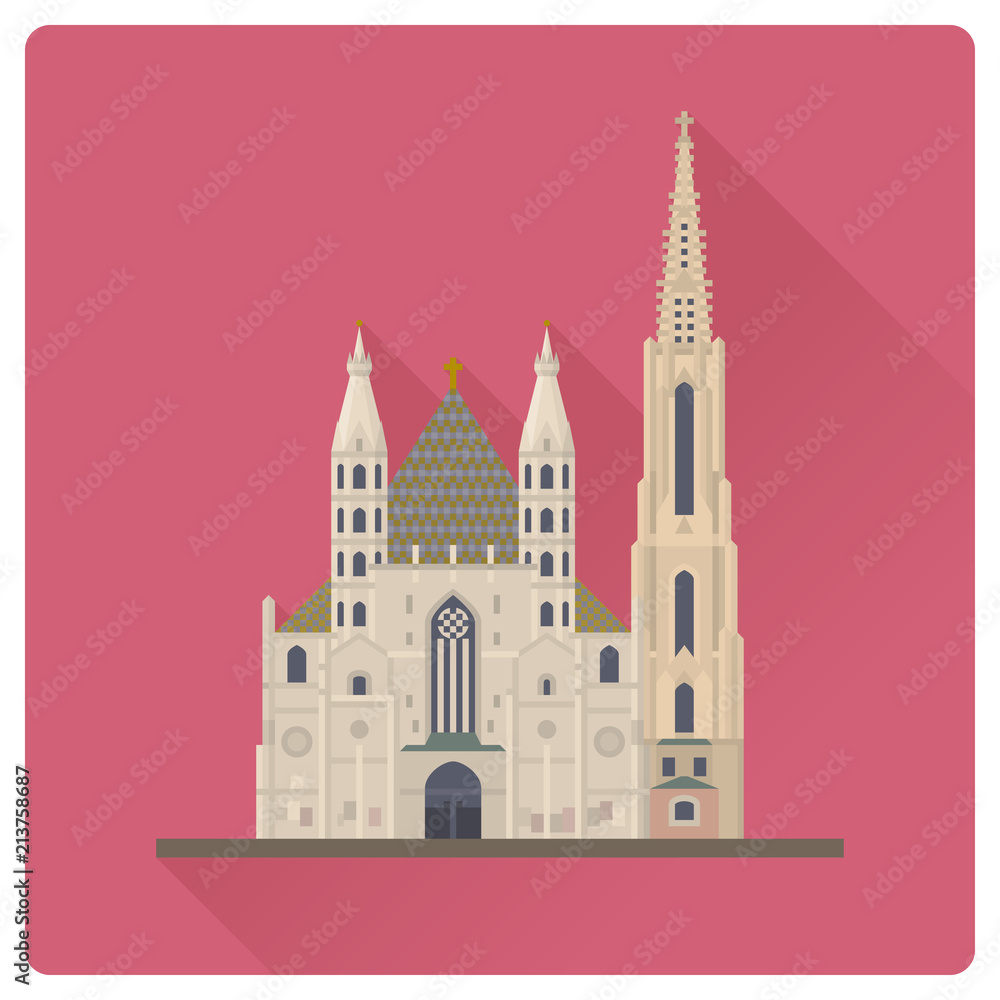 Saint Stephens Cathedral or Stephansdom at Vienna, Austria flat design long shadow vector illustration