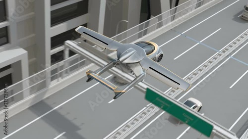 Futuristic flying car landing on highway. Transform shape from airplane to car. Fast transportation concept. 3D rendering animation. photo