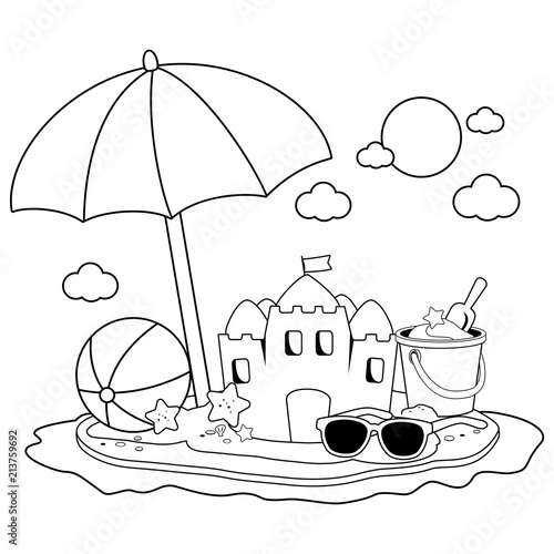 Summer vacation island with beach umbrella and a sandcastle. Vector black and white coloring page.