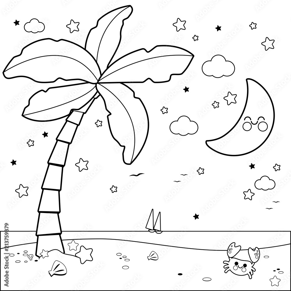 Palm Tree And Beach Coloring Page