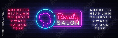 Beauty Salon neon sign vector. Beauty Salon Design template neon sign, light banner, neon signboard, nightly bright advertising, light inscription. Vector illustration. Editing text neon sign