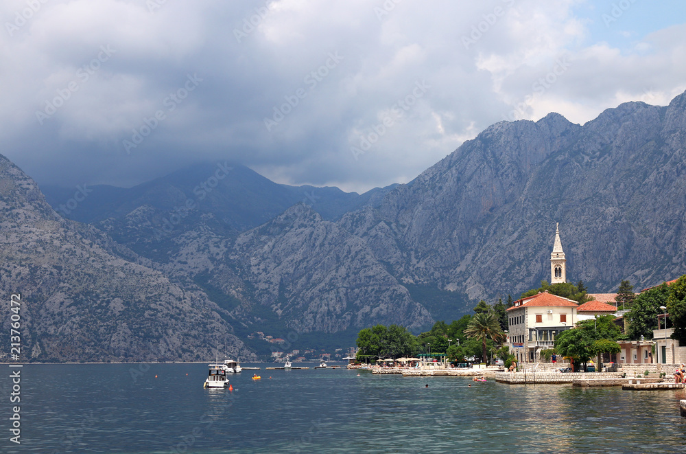 Kotor bay sea and mountains with clouds landscape