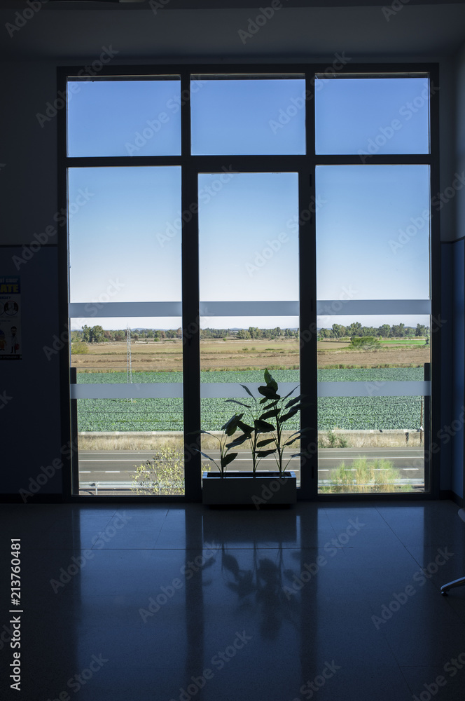 Fototapeta premium Large window from floor to ceiling to green farmland