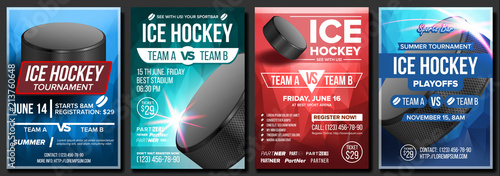 Ice Hockey Poster Set Vector. Design For Sport Bar Promotion. Ice Hockey Puck. Modern Tournament. Sport Event Announcement. Ice Game. Cafe, Bar, Pub Banner Advertising. Winter. Label Template