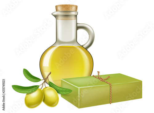Natural handmade olive soap with olive branch and a glass jar of oil. Vector illustration.