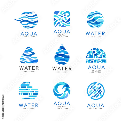 Flat vector set of original aqua logos. Abstract blue emblems for water delivery companies. Elements for advertising poster or banner