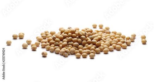Organic raw soybean flakes, isolated on white background