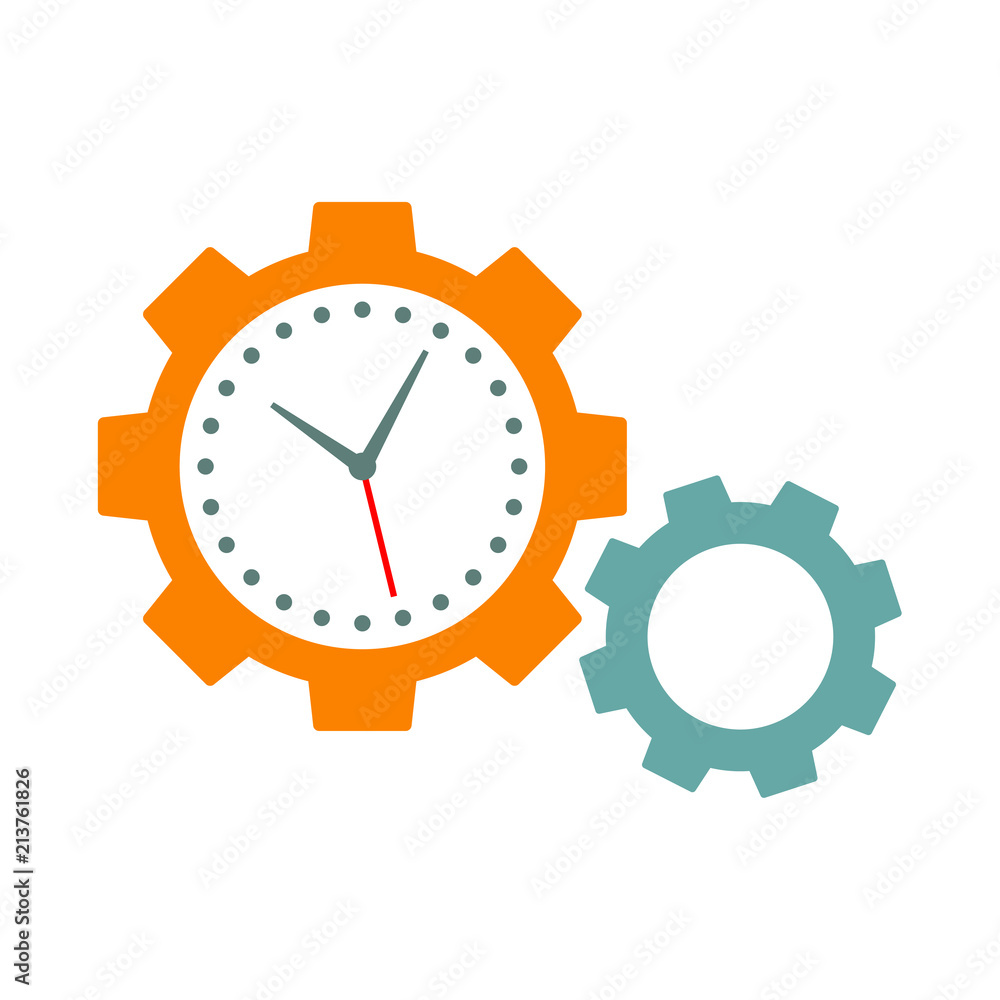 Icono plano dos engranajes con manecillas reloj en gris y naranja Icono plano dos engranajes con manecillas reloj en gris y naranja