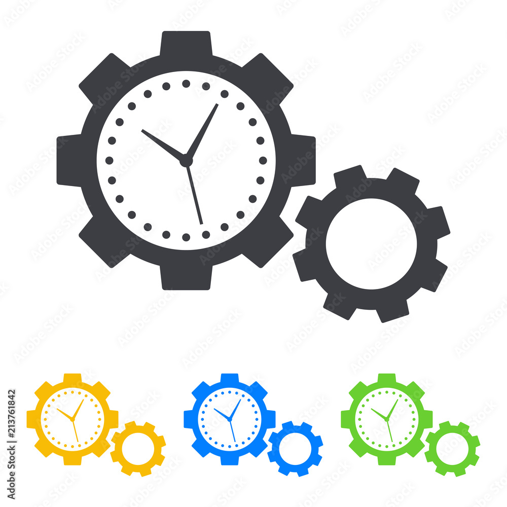 Icono plano dos engranajes con manecillas reloj en varios colores Icono plano dos engranajes con manecillas reloj en varios colores