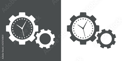 Icono plano dos engranajes con manecillas reloj en gris y blanco